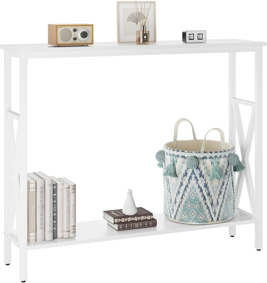 Compact Industrial Console Table with Adjustable Feet & Metal Frame, White