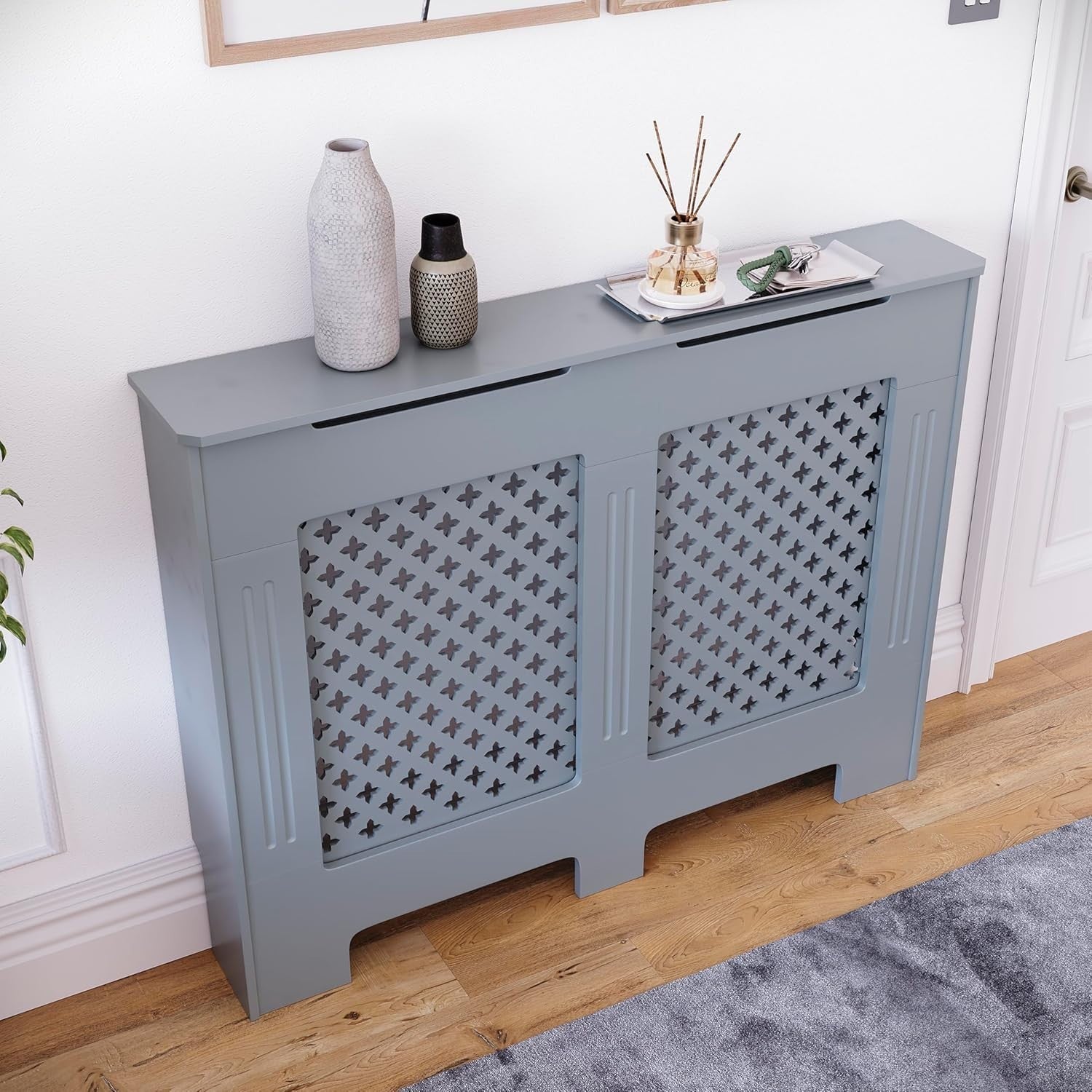 Medium Grey Radiator Cover 82x111x19cm MDF Cross Pattern Heat Efficient Cabinet