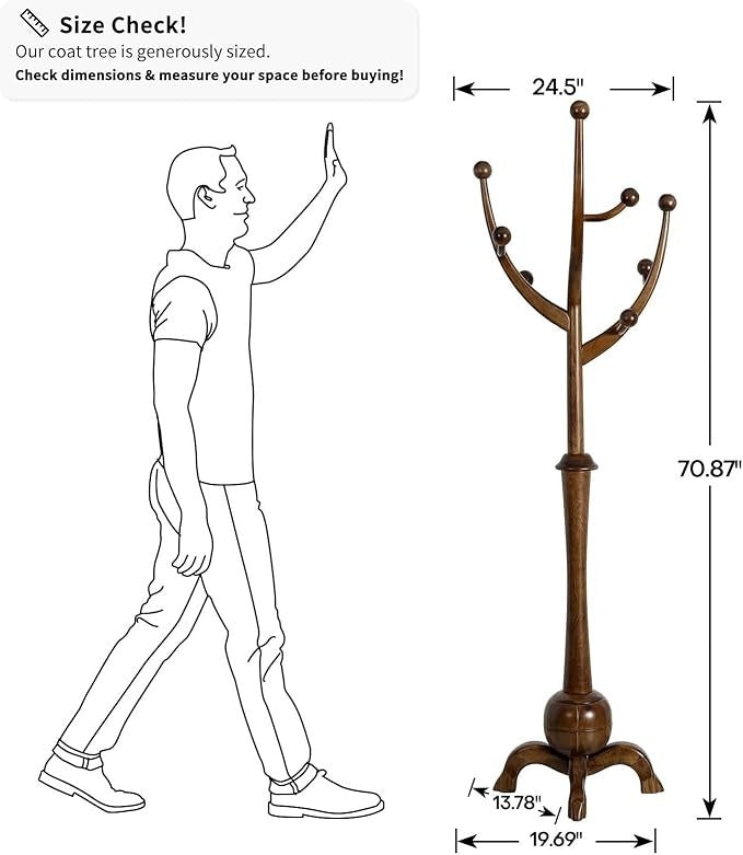 Solid Wood Coat Rack 8 Hooks Walnut Finish Tree Stand for Hallway 180cm