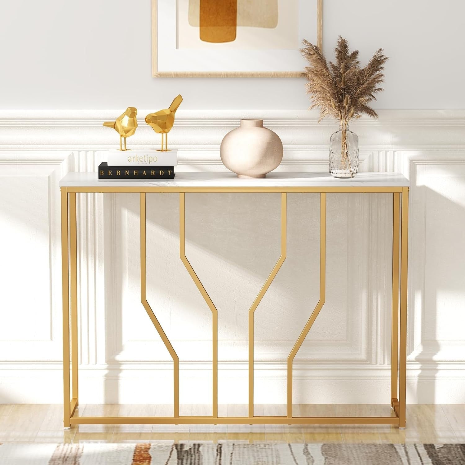 Slim Console Table with Faux Marble Top & Gold Metal Frame, 110cm