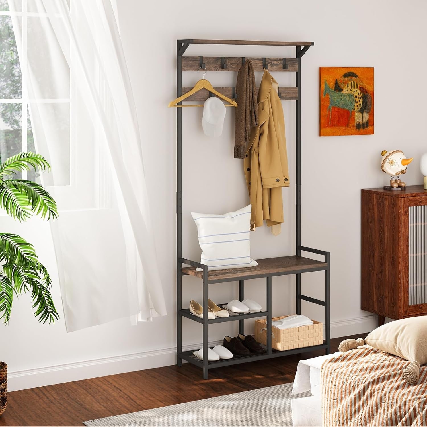Industrial Coat Rack with Shoe Bench & 9 Hooks | Vintage Brown Hall Tree