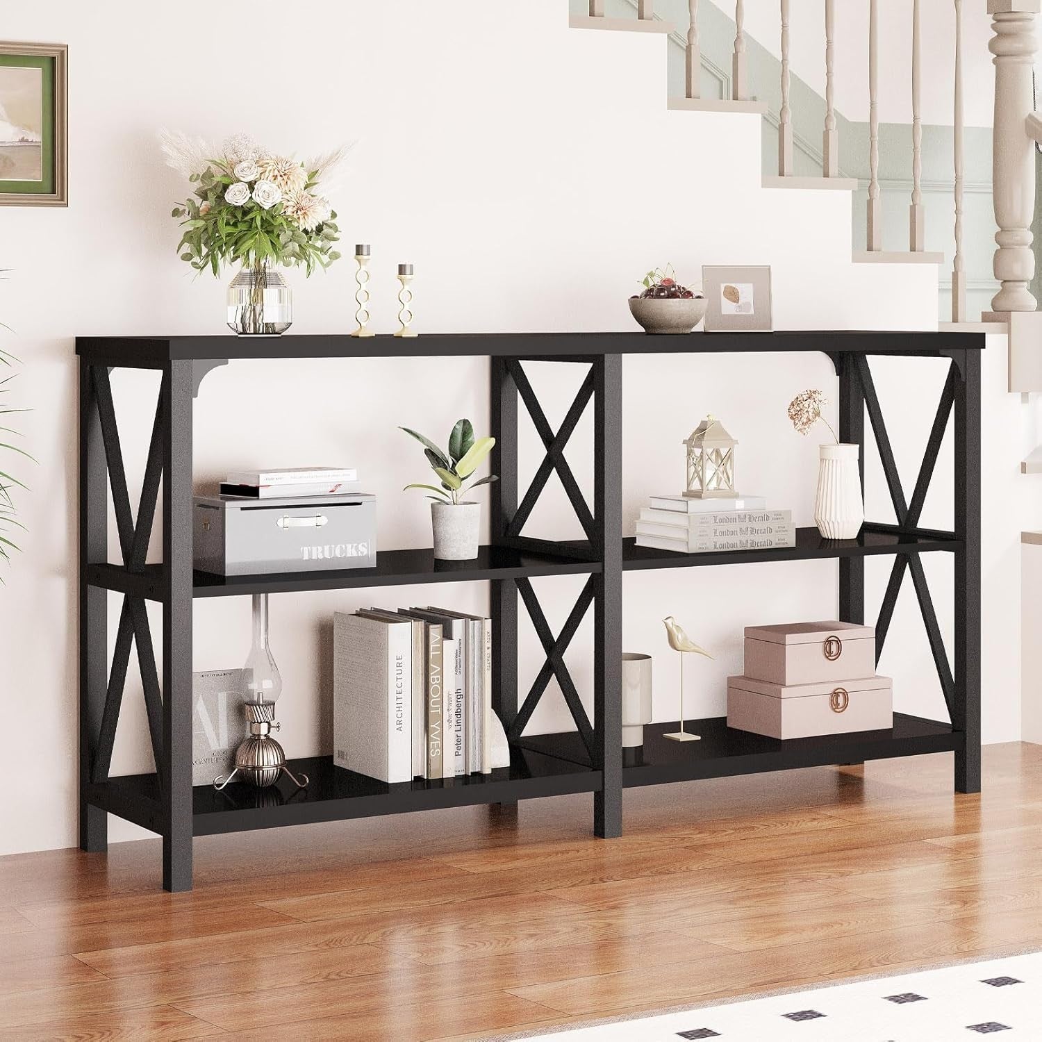Black Oak Console Table 55” 3-Tier Shelf Metal Frame Entryway Storage