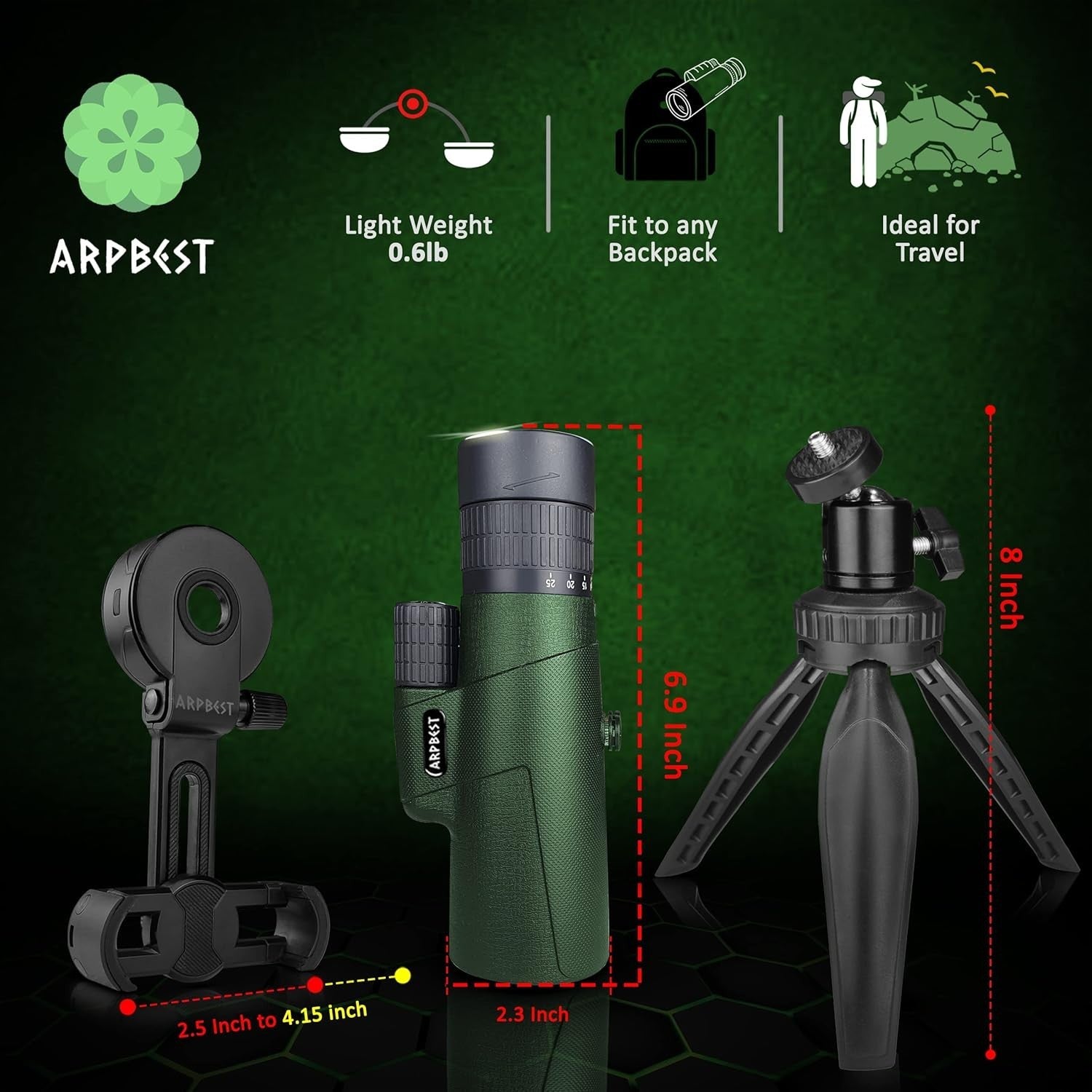 25x50 High Power Monocular with Phone Holder & Tripod BAK4 FMC Zoom Scope