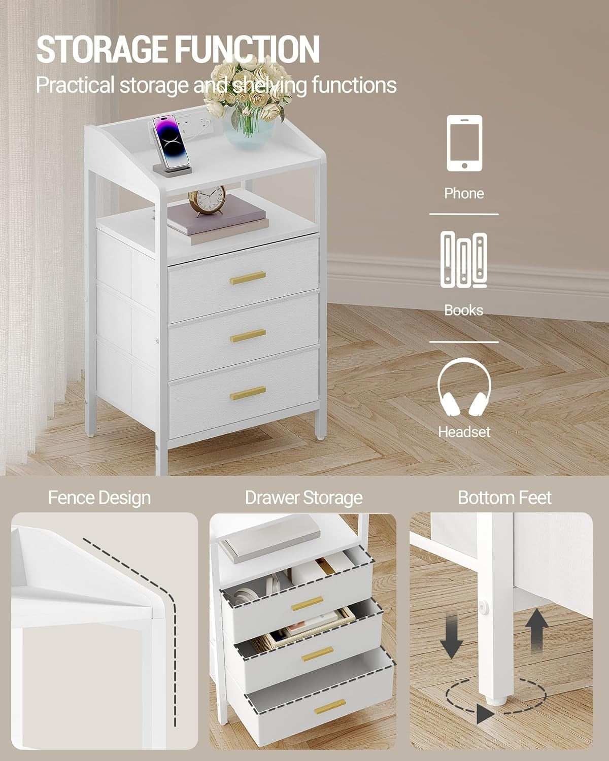 White LED Bedside Table with USB Ports & 3 Drawers
