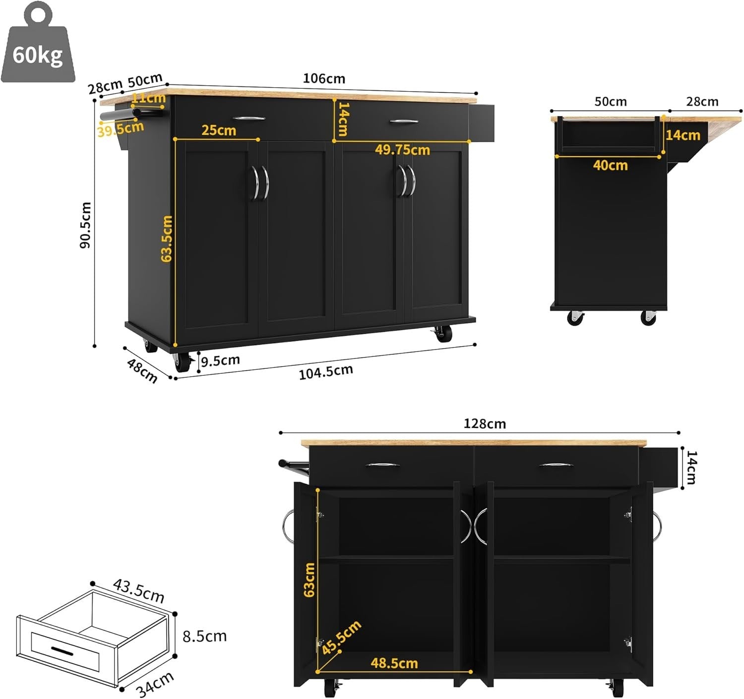 Mobile Kitchen Island Trolley with 5 Drawers, Adjustable Shelves & Spice Rack