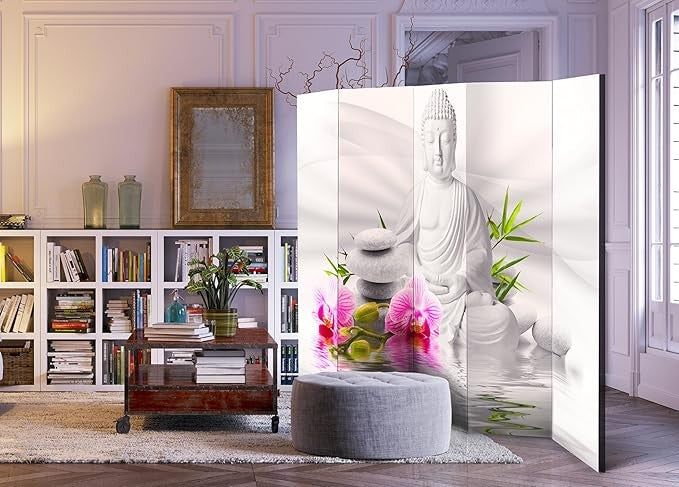 Zen Buddha 5-Panel Room Divider 225×172cm | Double-Sided Privacy Screen
