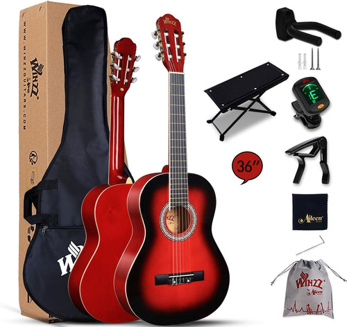 3/4 Classical Guitar 36in Kids Nylon String Starter Kit Red