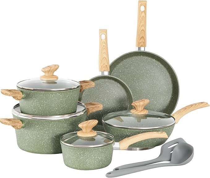 12pc Green Non Stick Cookware Set Induction Ready Pots Pans with Lids & Utensils
