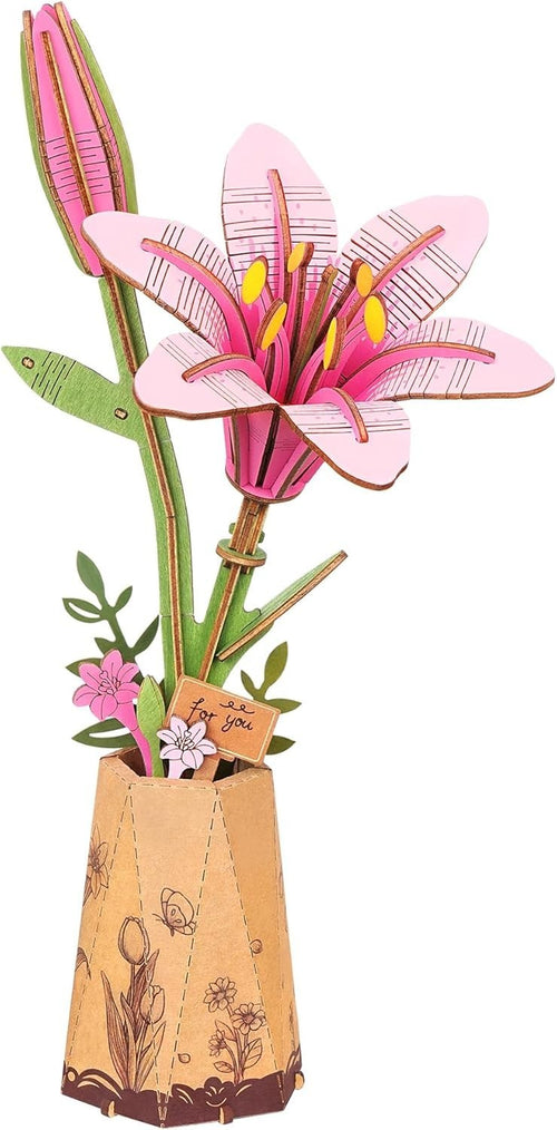 3D Wooden Flower Puzzle Kit Pink Lily – DIY Craft Gift for Home Décor
