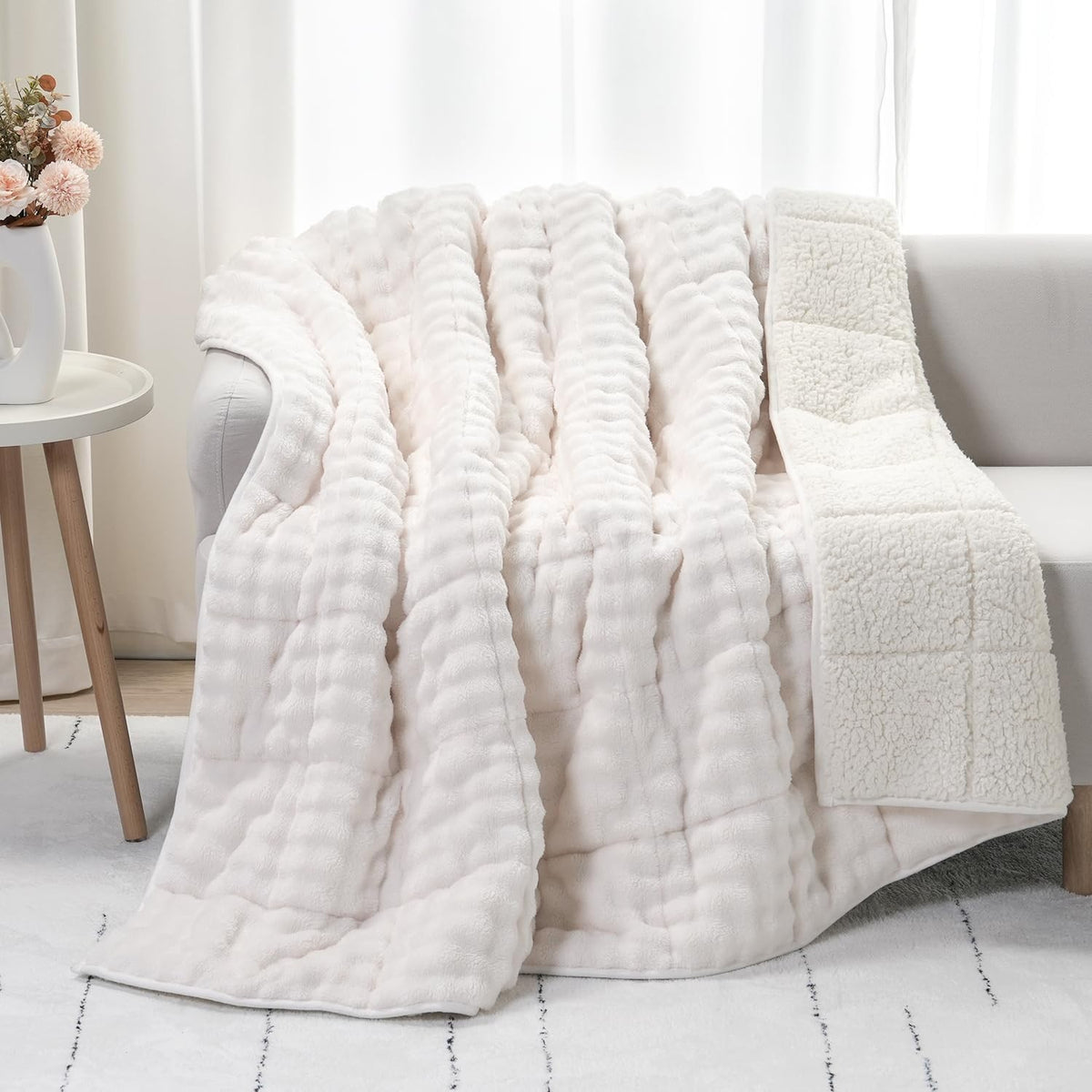 15lb Weighted Blanket, Cream White Bubble Sherpa Fleece 60x80 Cozy Plush