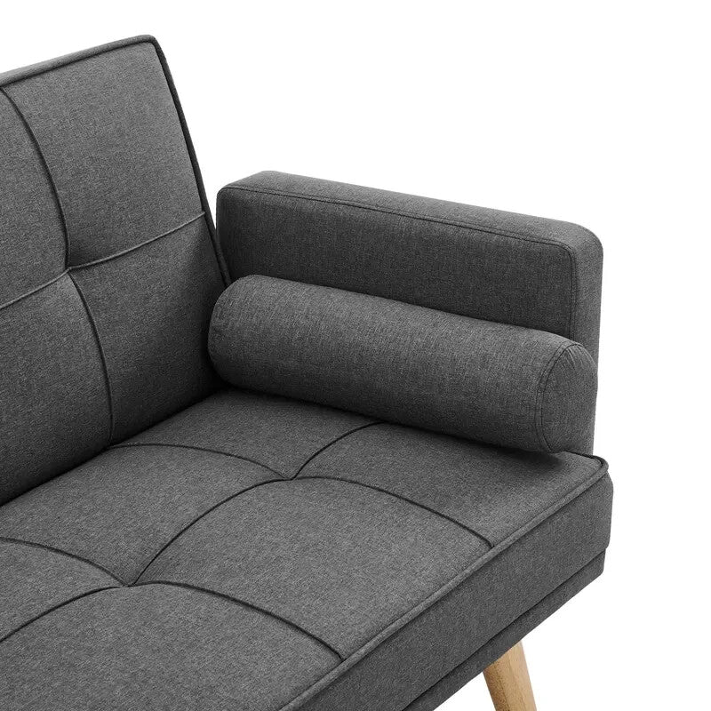 Charcoal Linen Clic Clac Sofa Bed 3 Seater Tufted Cushions & Bolster Pillows