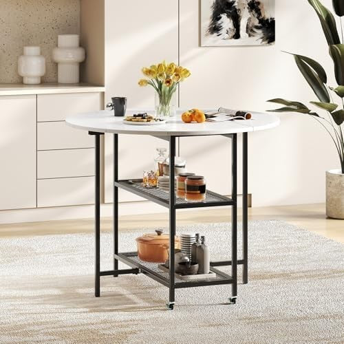Folding Dining Table with Wheels & Storage Shelves Black + White