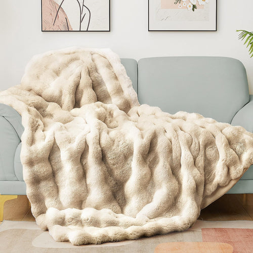 Twin Faux Fur Throw Blanket Camel Plush Thick Warm Sofa Bedroom Cozy