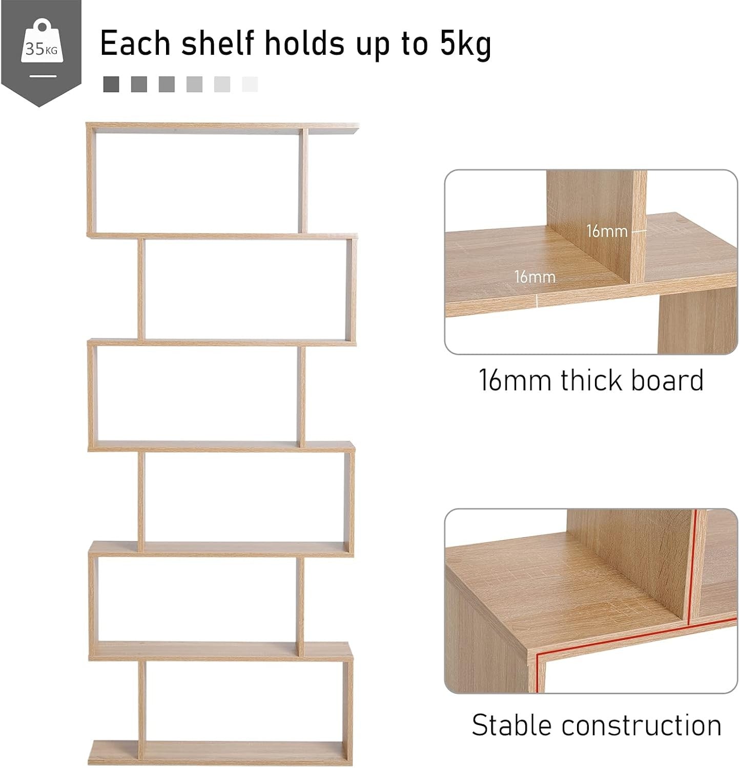 Oak S-Shape 6-Tier Bookcase Modern Display Shelf Room Divider Storage Unit
