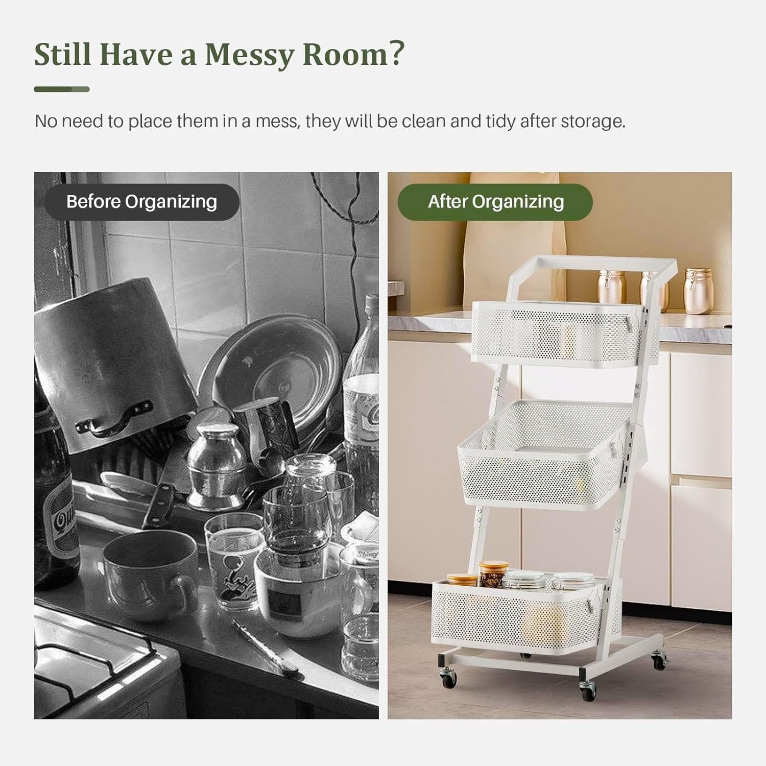 3 Tier Rolling Storage Trolley Metal Basket Organizer with Wheels White