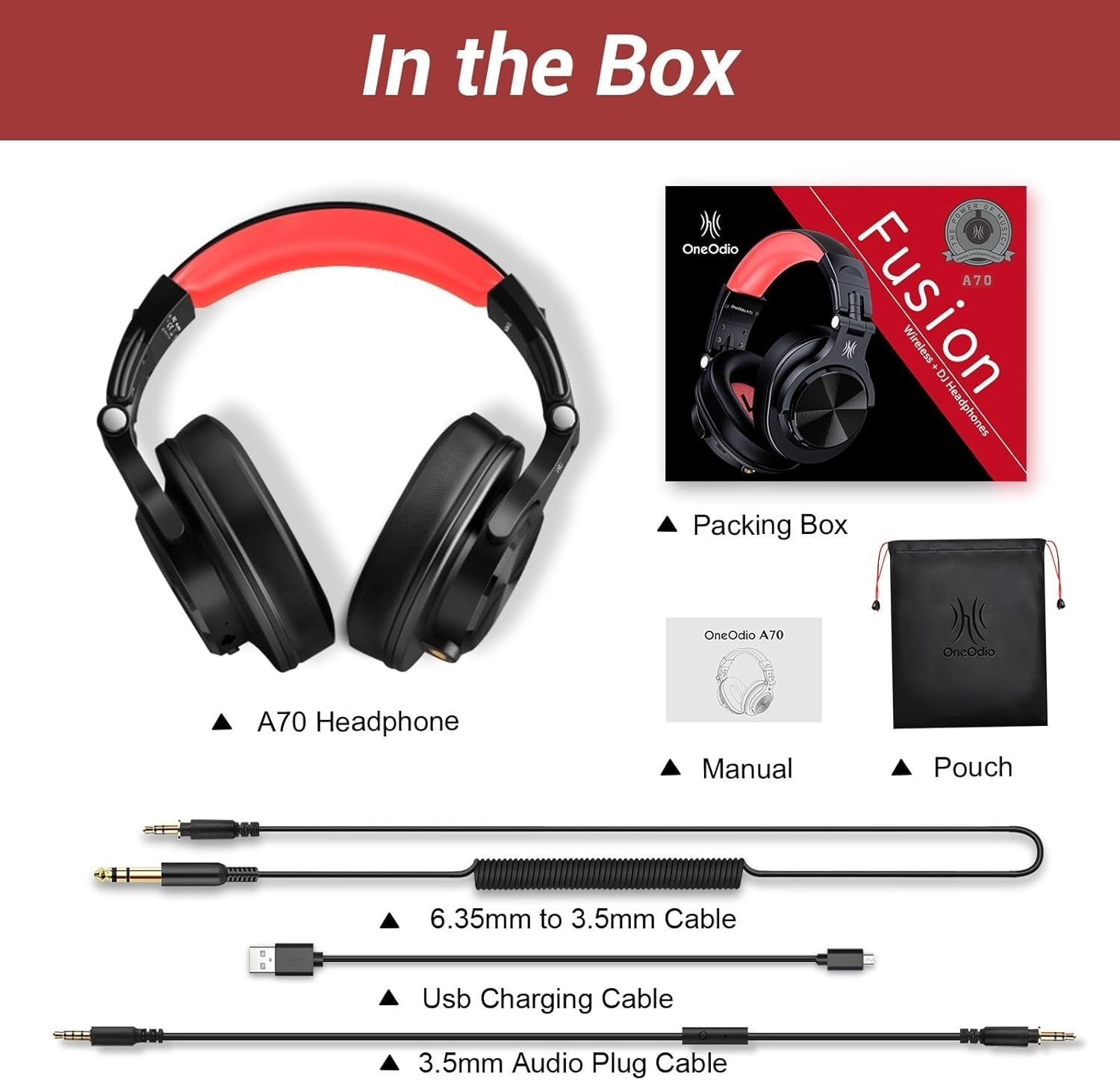 OneOdio Red Bluetooth Headphones 72H HiFi DJ Over Ear Foldable Share Port
