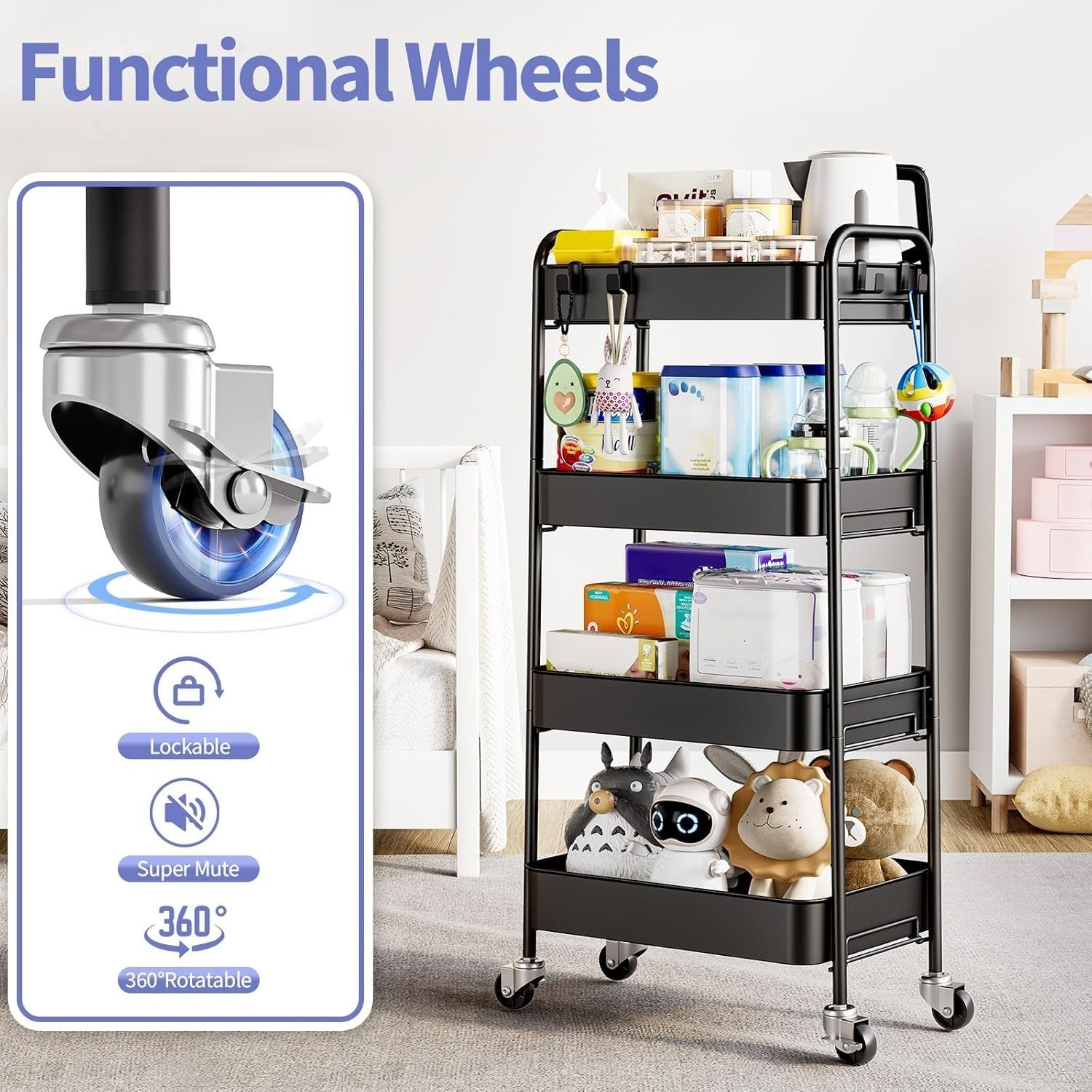 4 Tier Rolling Storage Cart Metal Utility Trolley Organizer on Wheels