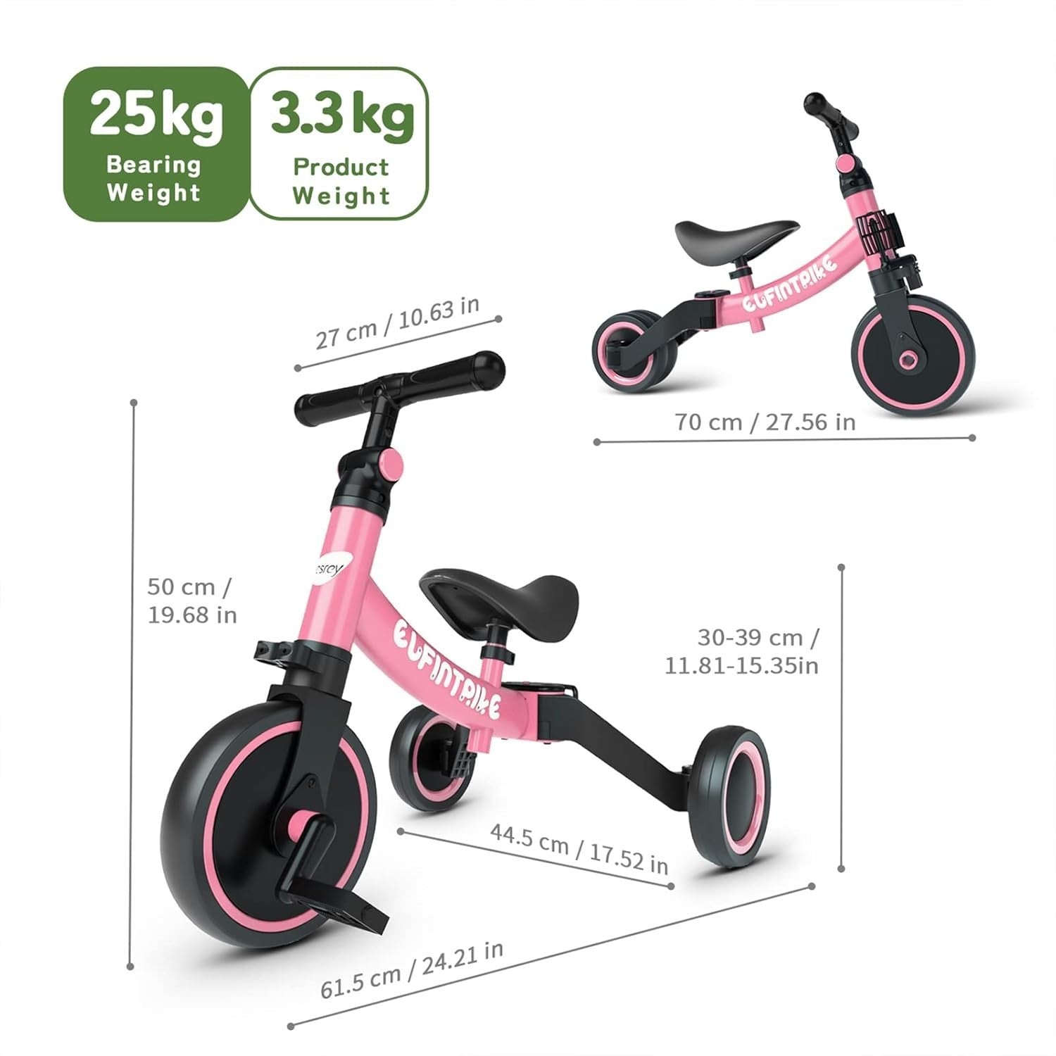 5 In 1 Toddler Tricycle Balance Bike Kids Ride On Removable Pedals Pink