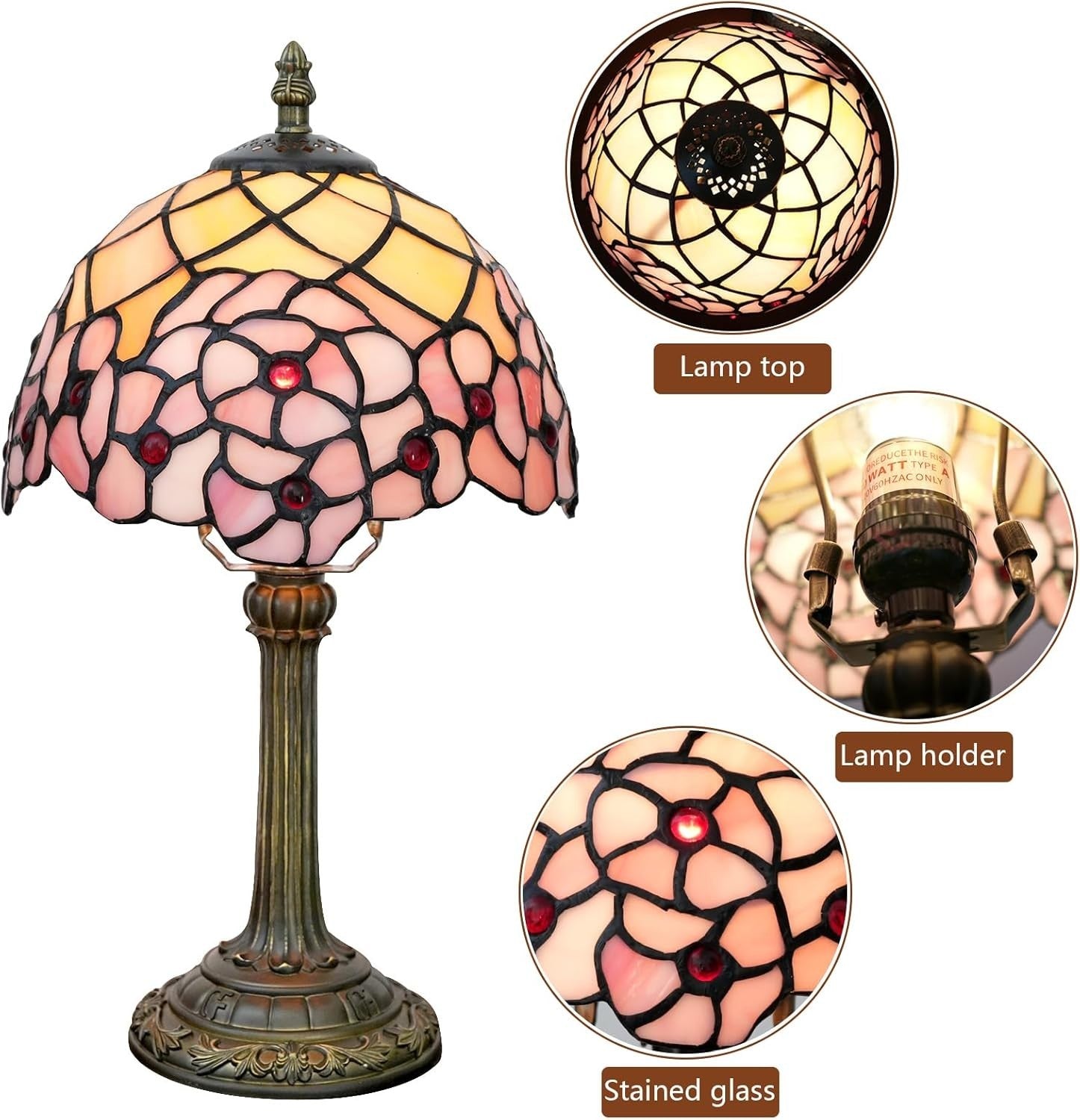Stained Glass Tiffany Table Lamp Cherry Blossom 8x14 Inch Desk Light