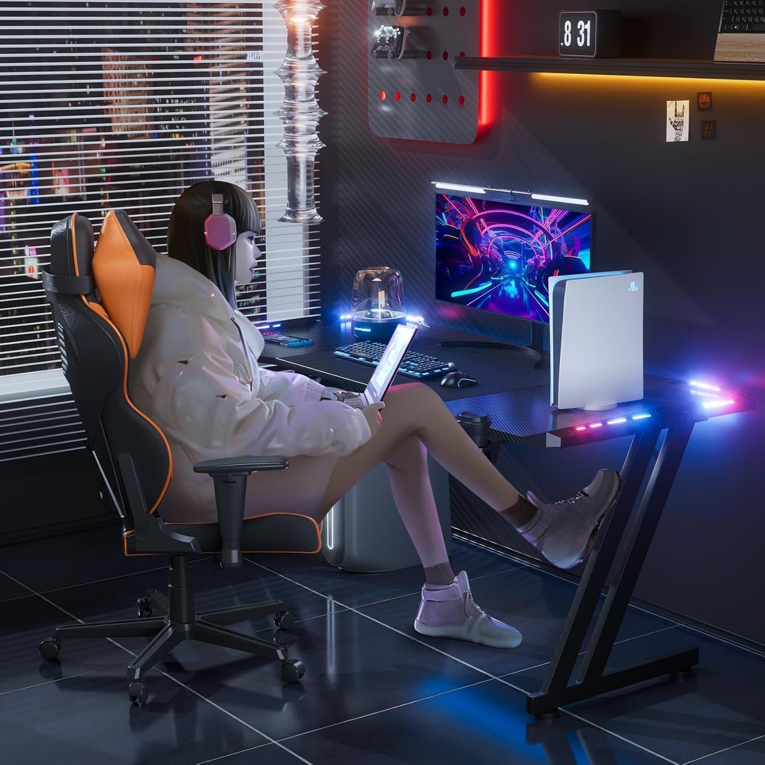 RGB Gaming Desk 140x60cm Computer Table w/LED, Cup Holder & Headphone Hook