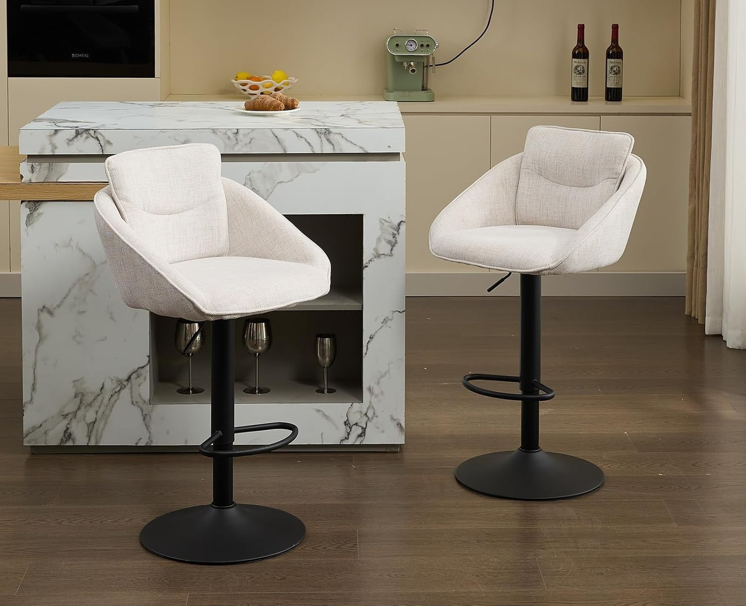 Adjustable Swivel Bar Stools Set of 2 | Linen Seat, Metal Base, Modern