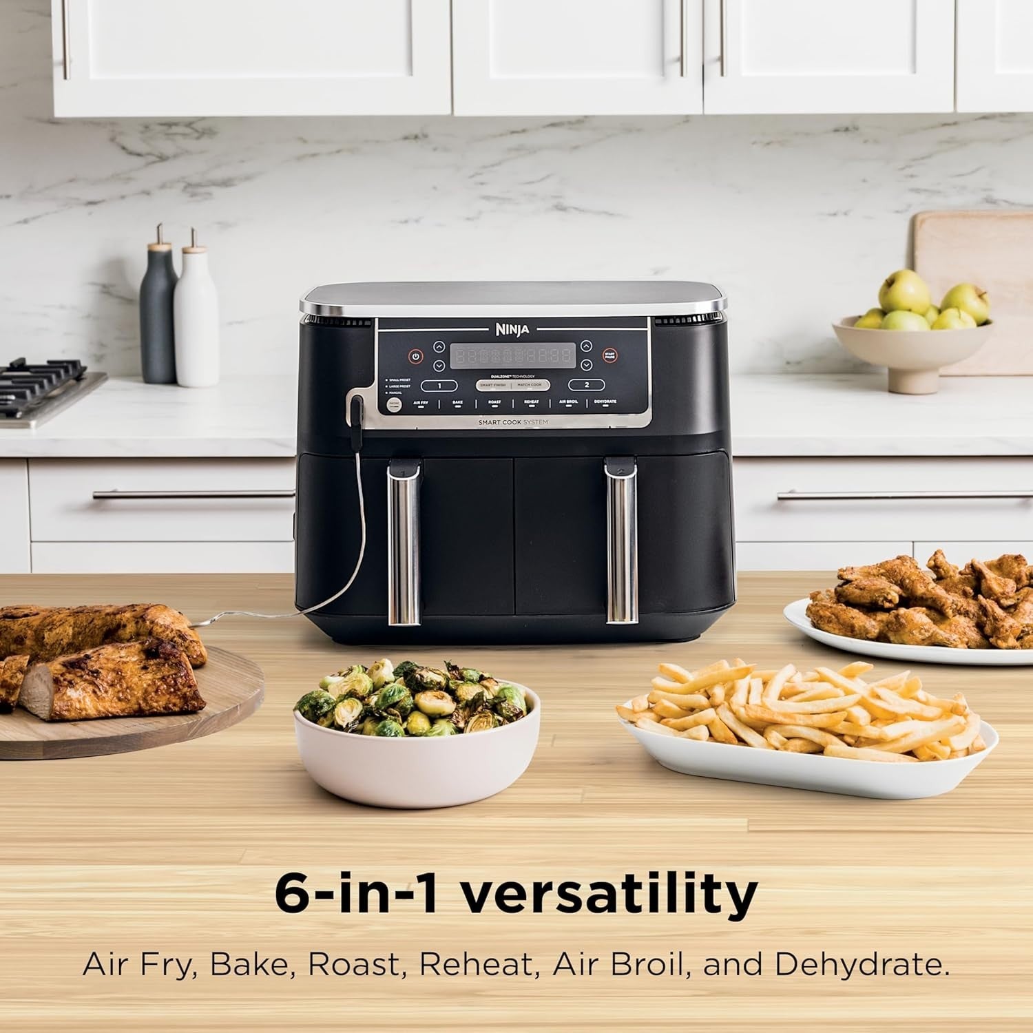 Dual Basket Air Fryer 10QT Smart Thermometer Smart Finish Match Cook XL Grey
