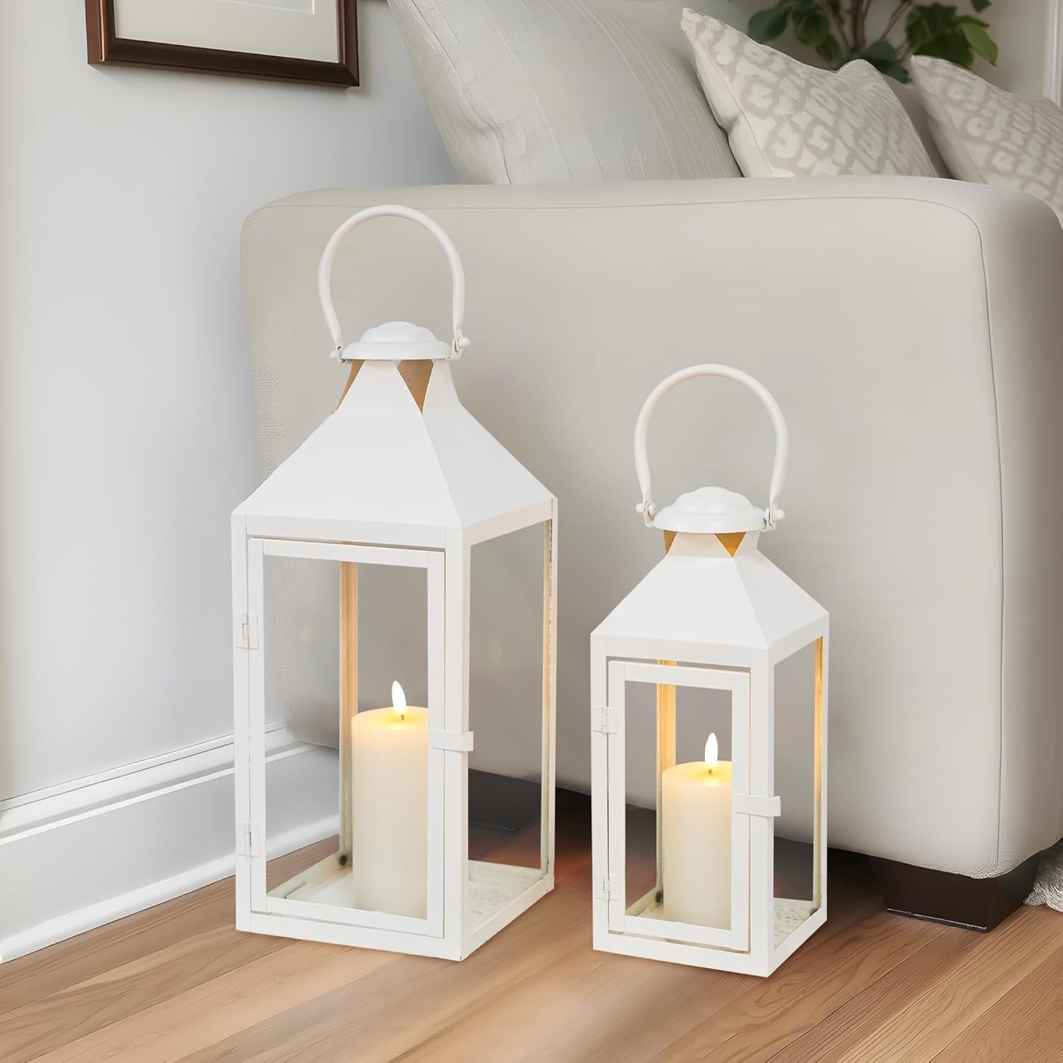 Set of 2 Cream Metal Candle Lanterns Indoor Outdoor