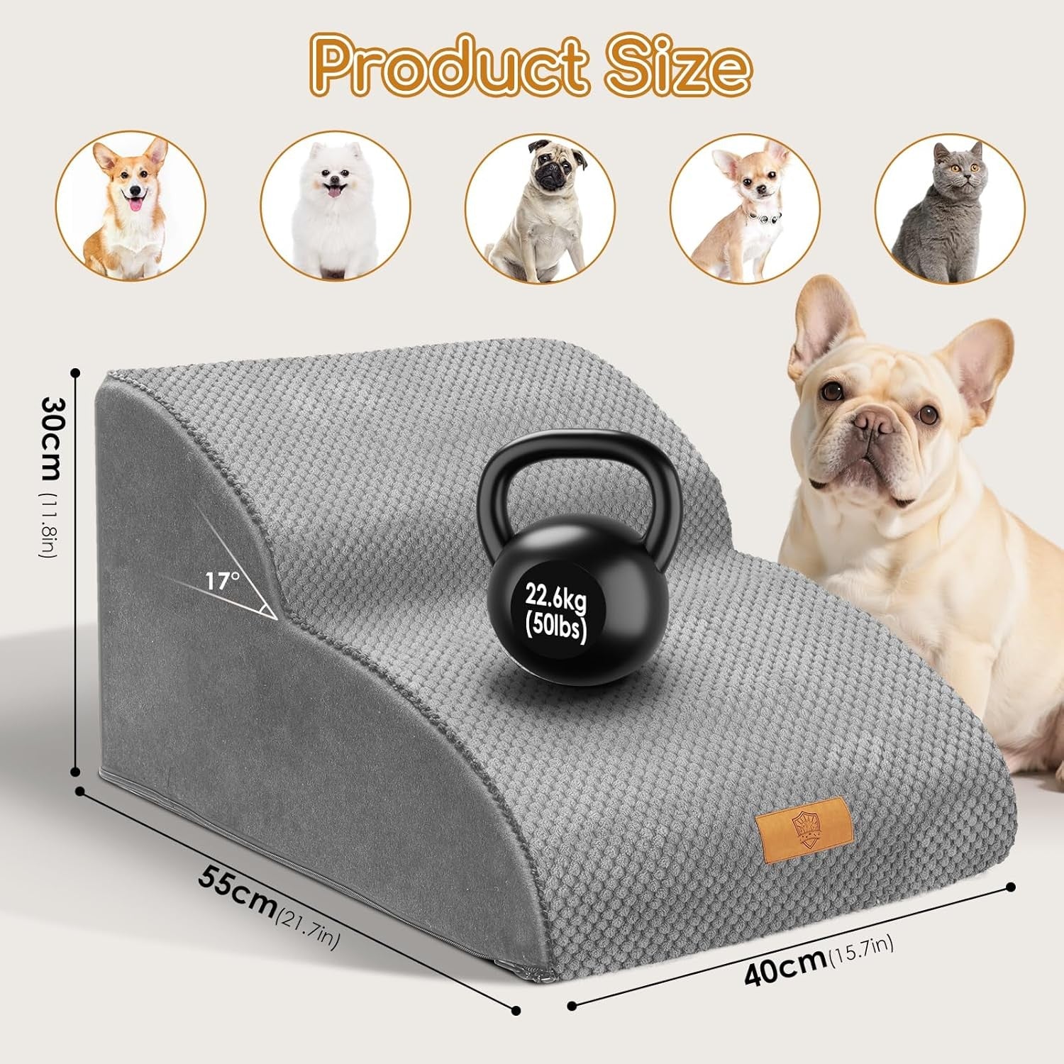 Grey 2 Step Dog Ramp Stairs with Pocket Non Slip 55x40x30cm