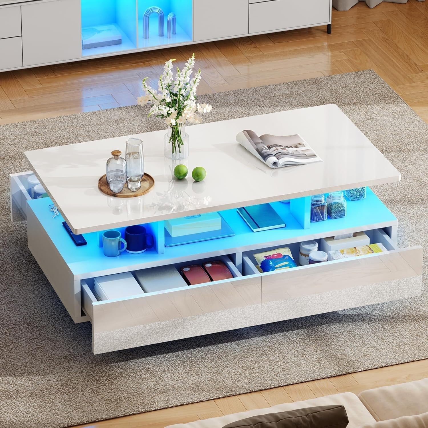 Modern High Gloss Coffee Table with 4 Drawers & 16-Color LED Lights, 90cm