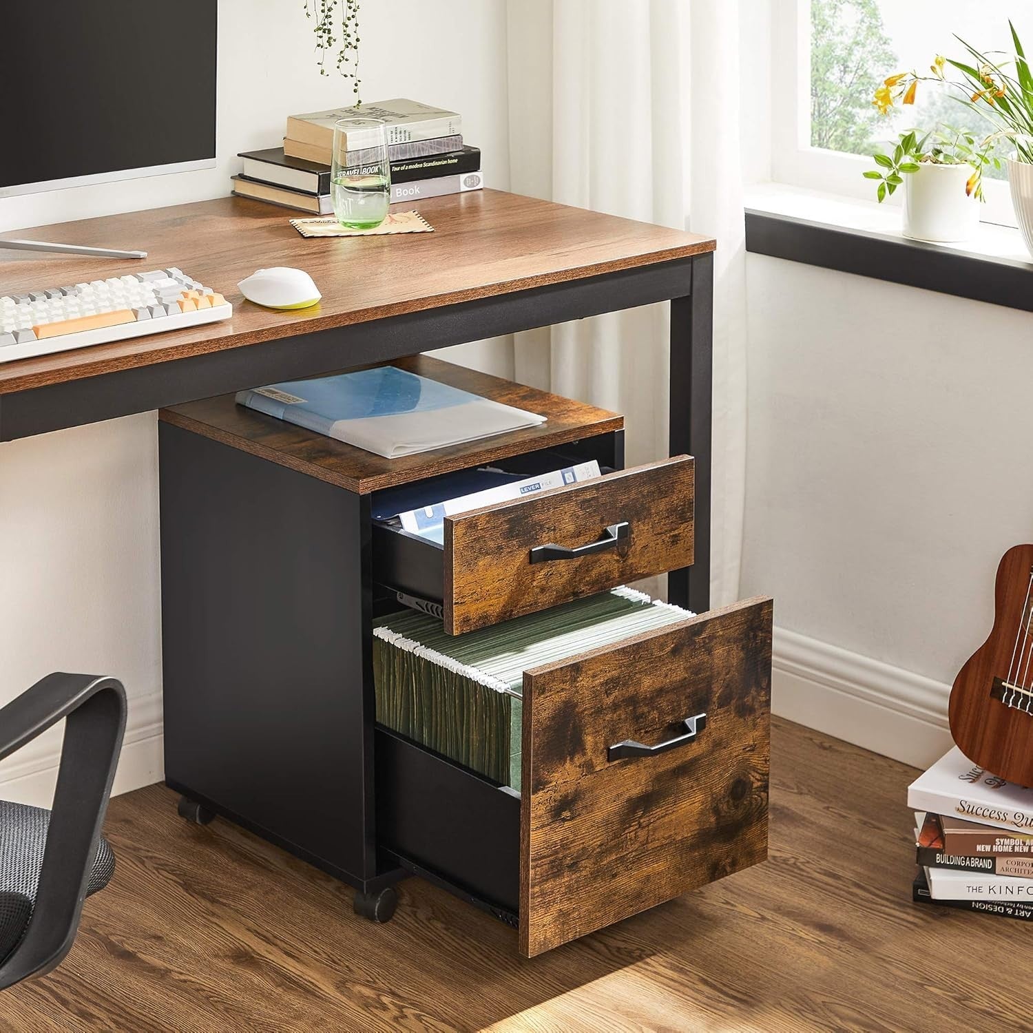 Rustic Brown & Black 2-Drawer Rolling Filing Cabinet – A4 Office Storage Unit