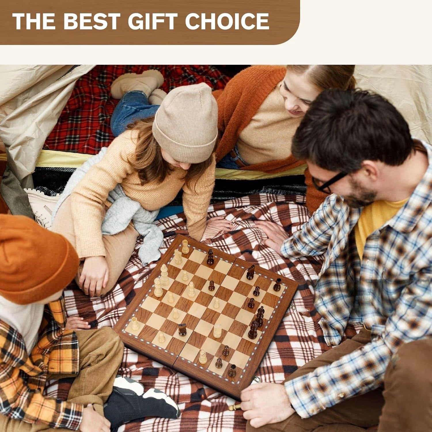 38cm Magnetic Wooden Folding Chess Set with Extra Queens & Storage Box