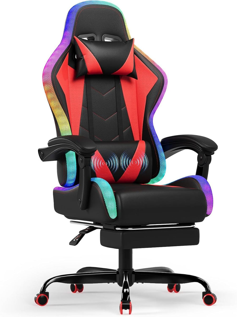 Gaming Chair Red LED High Back Reclining PU Leather Office Racing Seat Massage