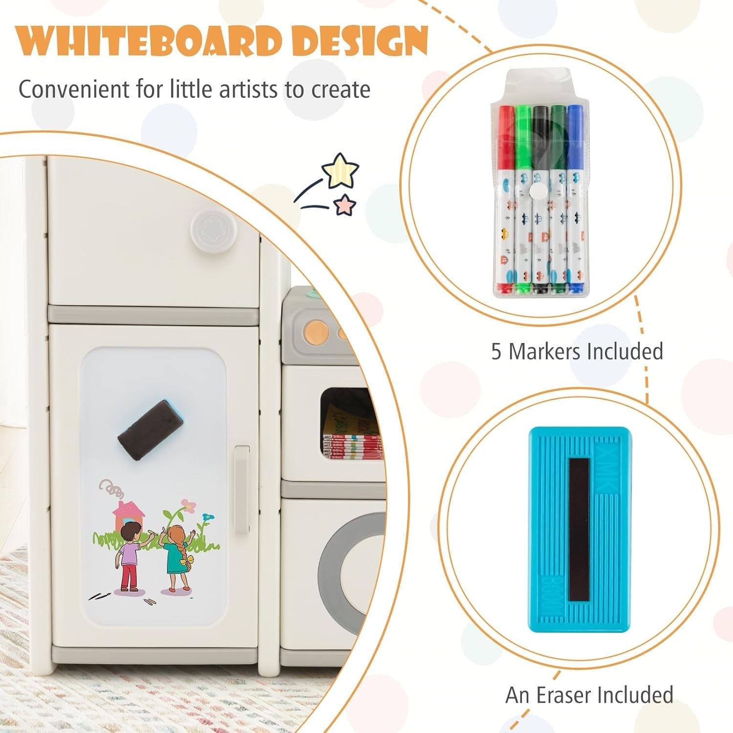 Kids Toy Storage Unit with Cabinets & Whiteboard Play Kitchen Shelf 116cm