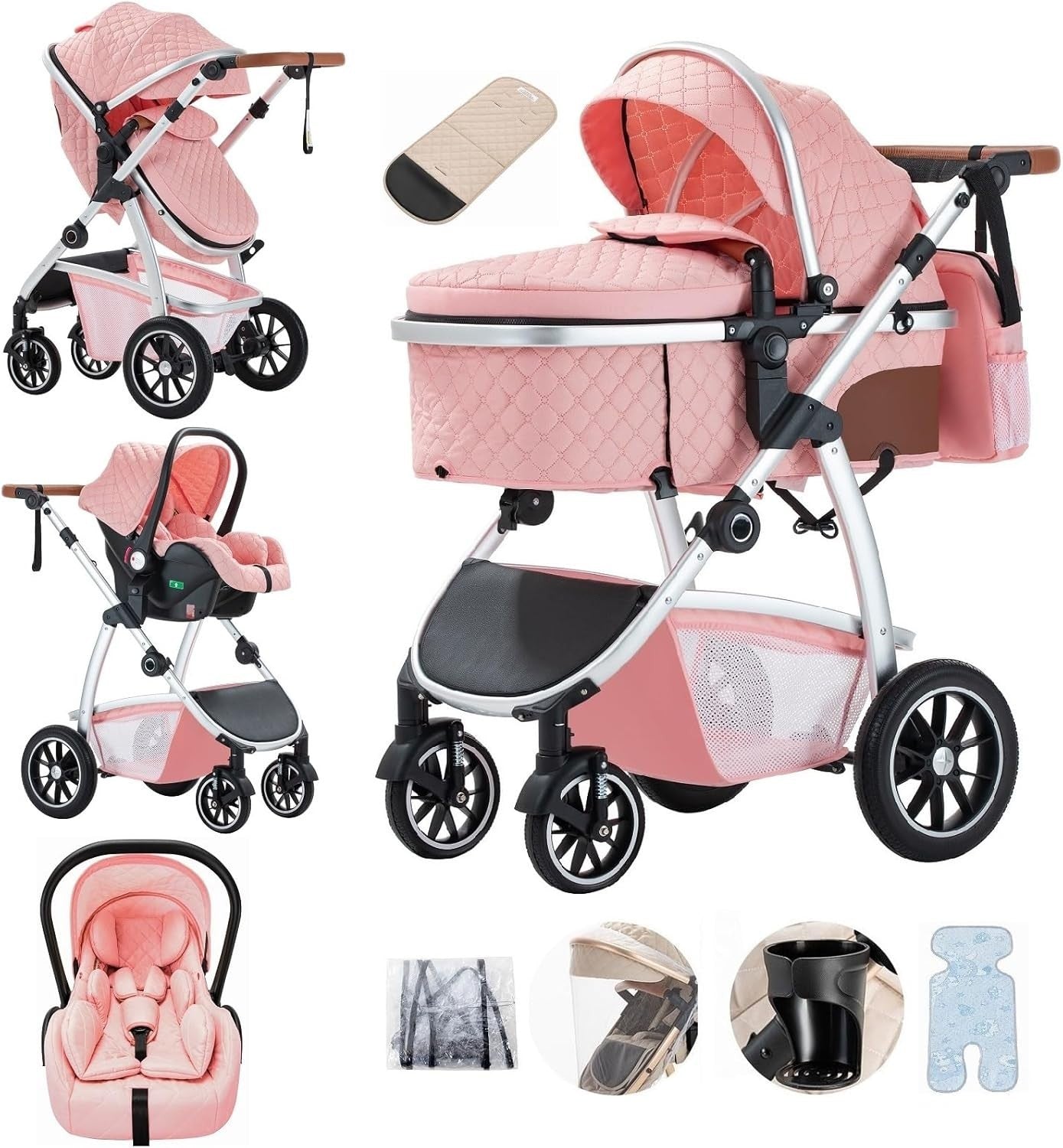 Pink 3in1 Baby Travel System Pram Pushchair Car Seat Adjustable Handle