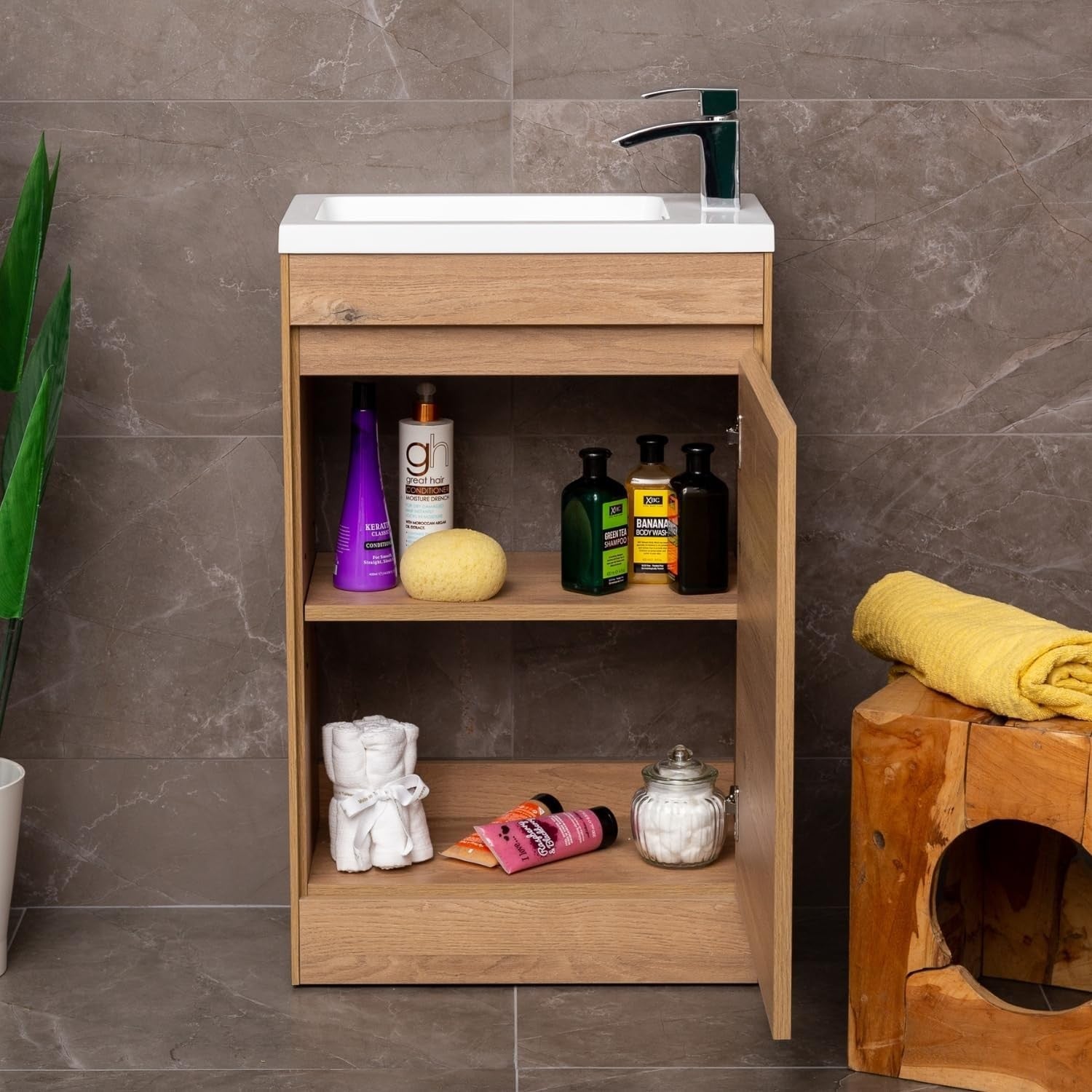 550mm Natural Oak Floor Standing Vanity Unit with Polymarble Basin & Soft Close