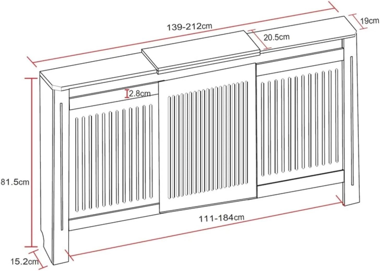 Adjustable Anthracite Grey Radiator Cover MDF Slatted Cabinet Modern Shelf 202cm