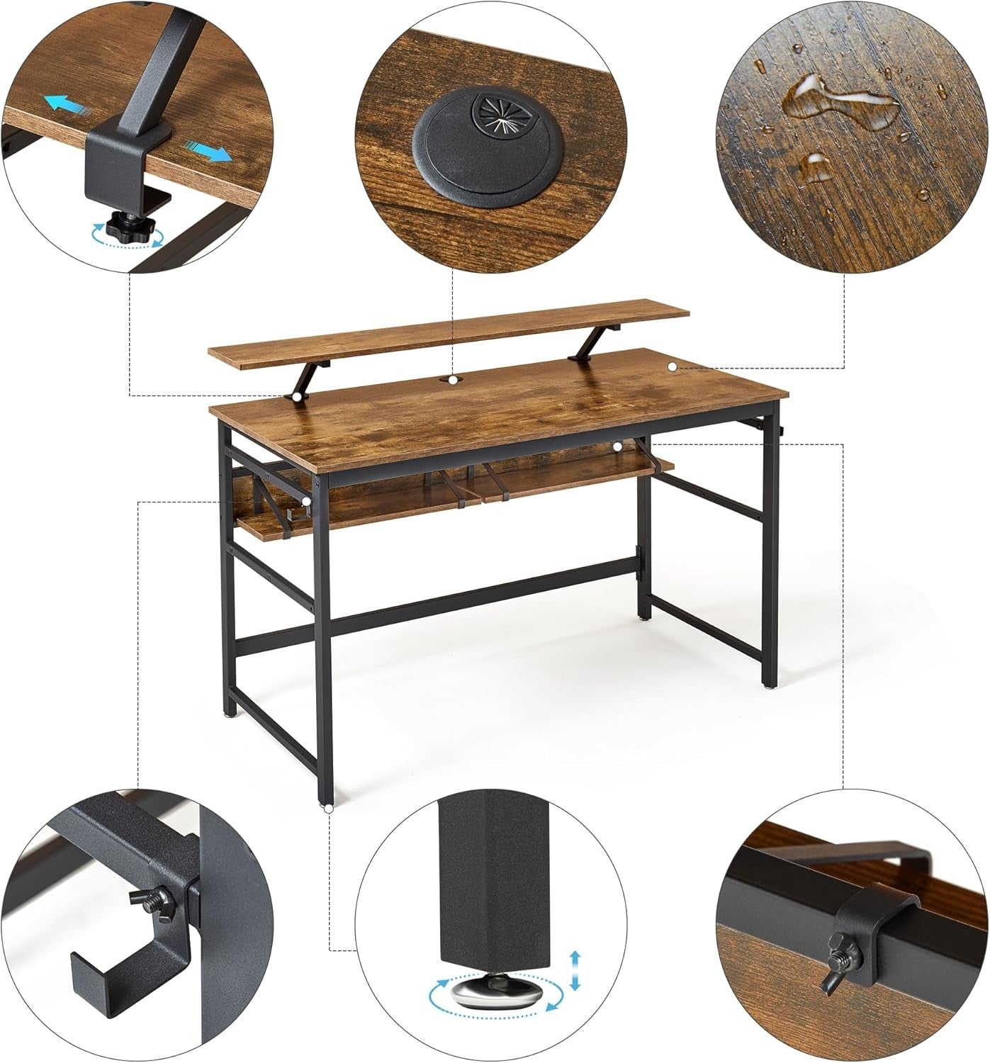 Rustic Brown Computer Desk 120cm with Monitor Stand & Adjustable Shelves