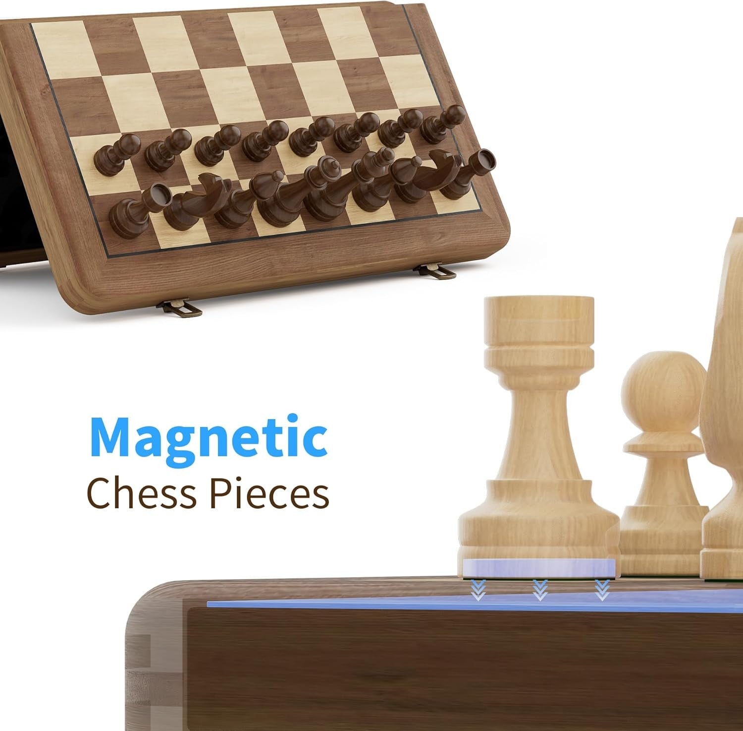 15" Magnetic Wooden Chess Set Dual-Tone Folding Board with Storage Box