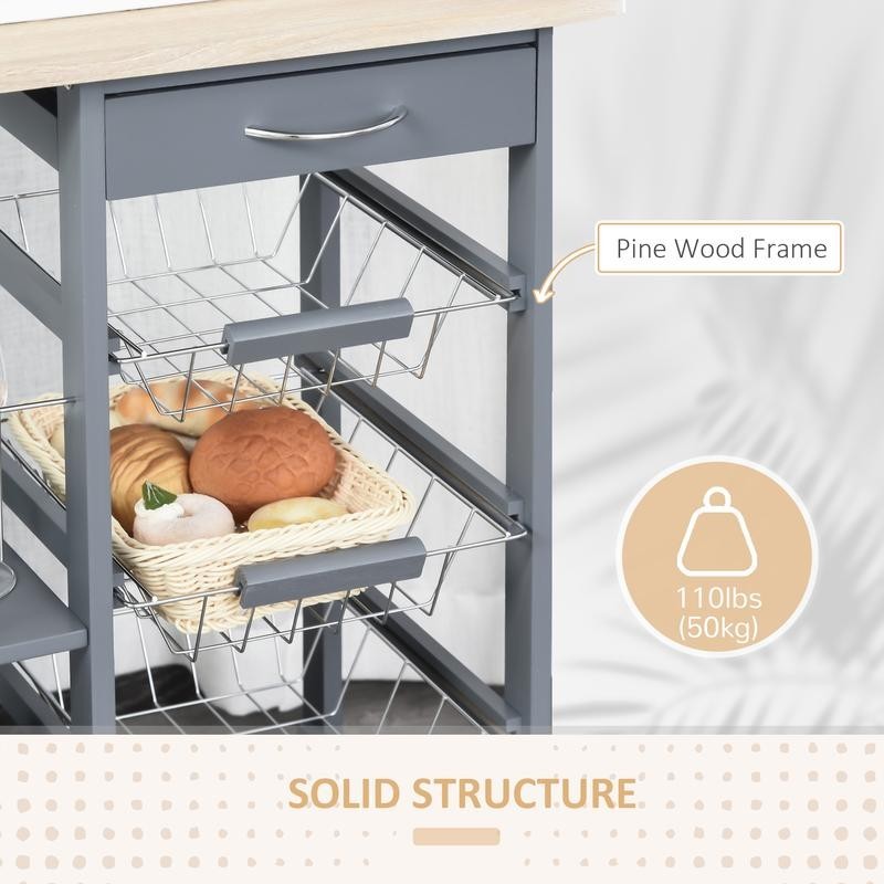 Grey Kitchen Cart with 4 Metal Baskets Drawer & Side Racks on Wheels