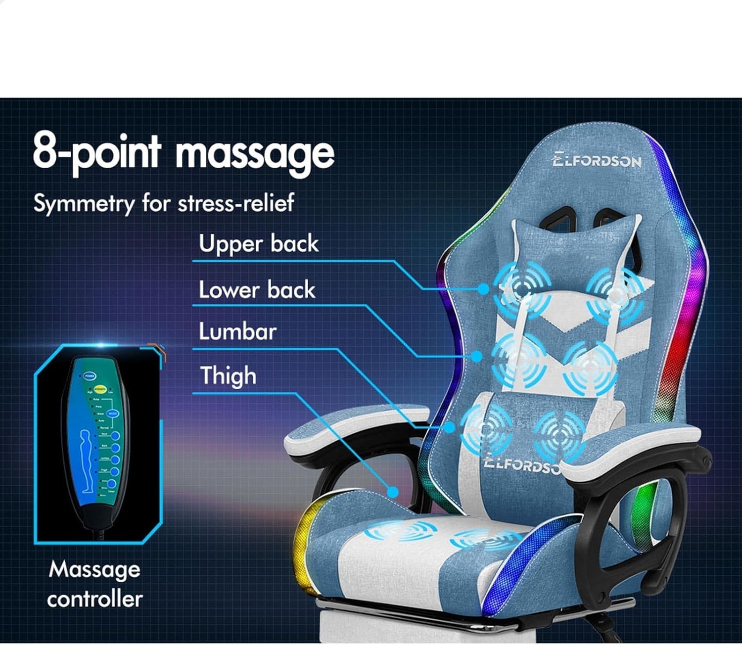 Gaming Chair RGB LED Light 8-Point Massage Recliner PC Office Desk Swivel White