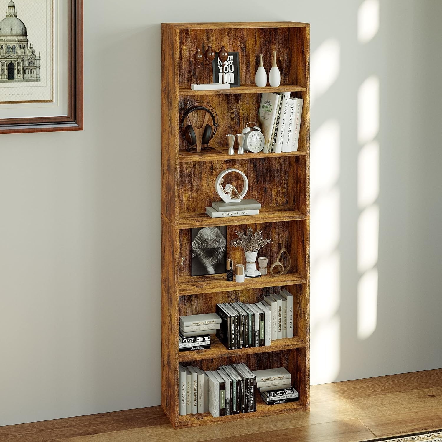 6-Tier Tall Wooden Bookcase Rustic Brown Large Storage Shelf Unit Home Office