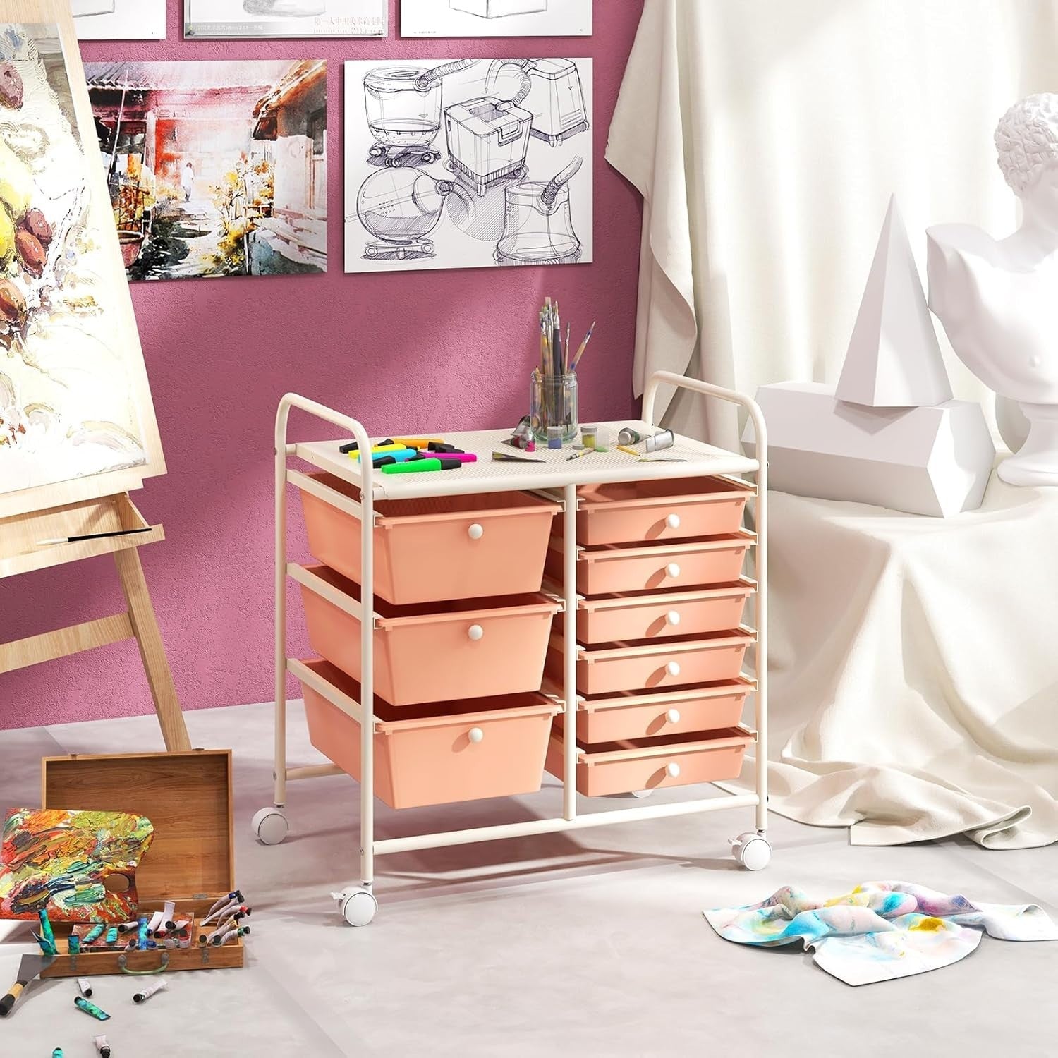 Pink 9 Drawer Mobile Storage Cart Rolling Beauty Organizer Trolley