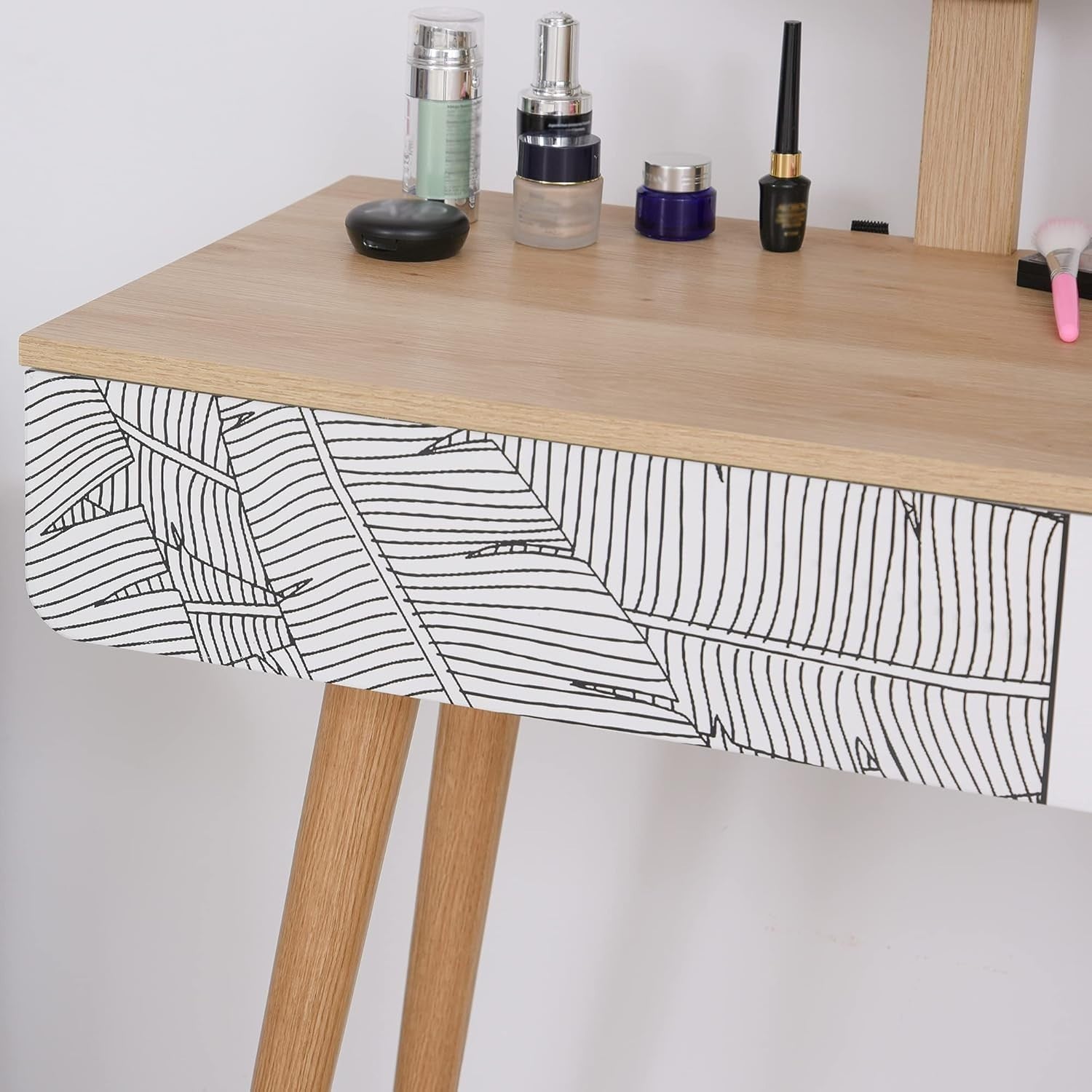 White Oak Small Vanity Dressing Table with Adjustable Mirror & Drawer Storage