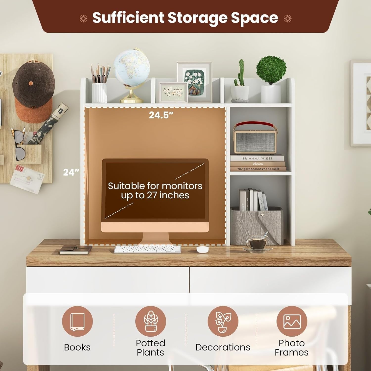 3-Tier Desktop Hutch Bookshelf Space-Saving Desk Organizer Shelf White