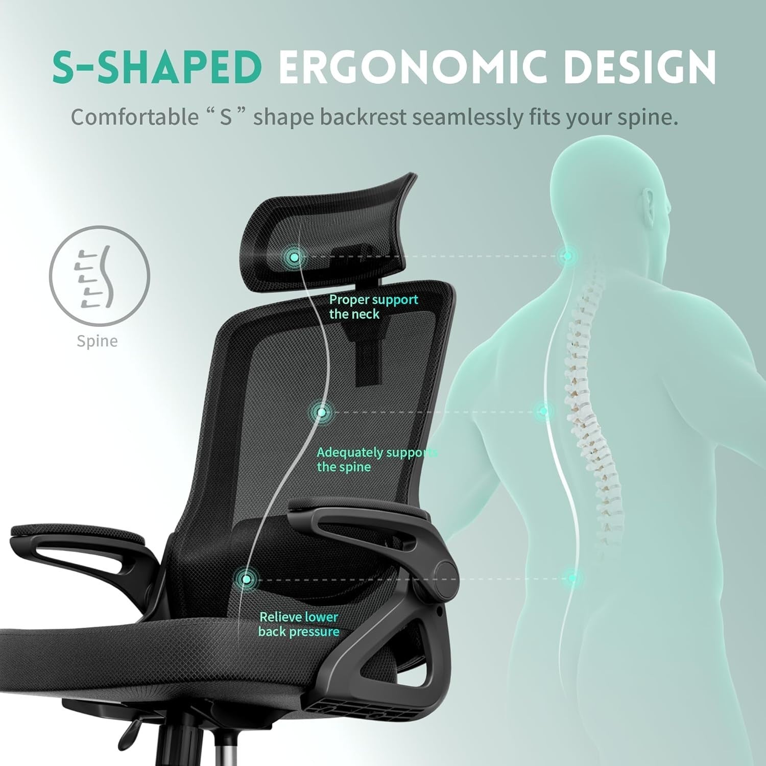 Ergonomic Office Chair Mesh Back Flip-Up Arms Adjustable Lumbar Support