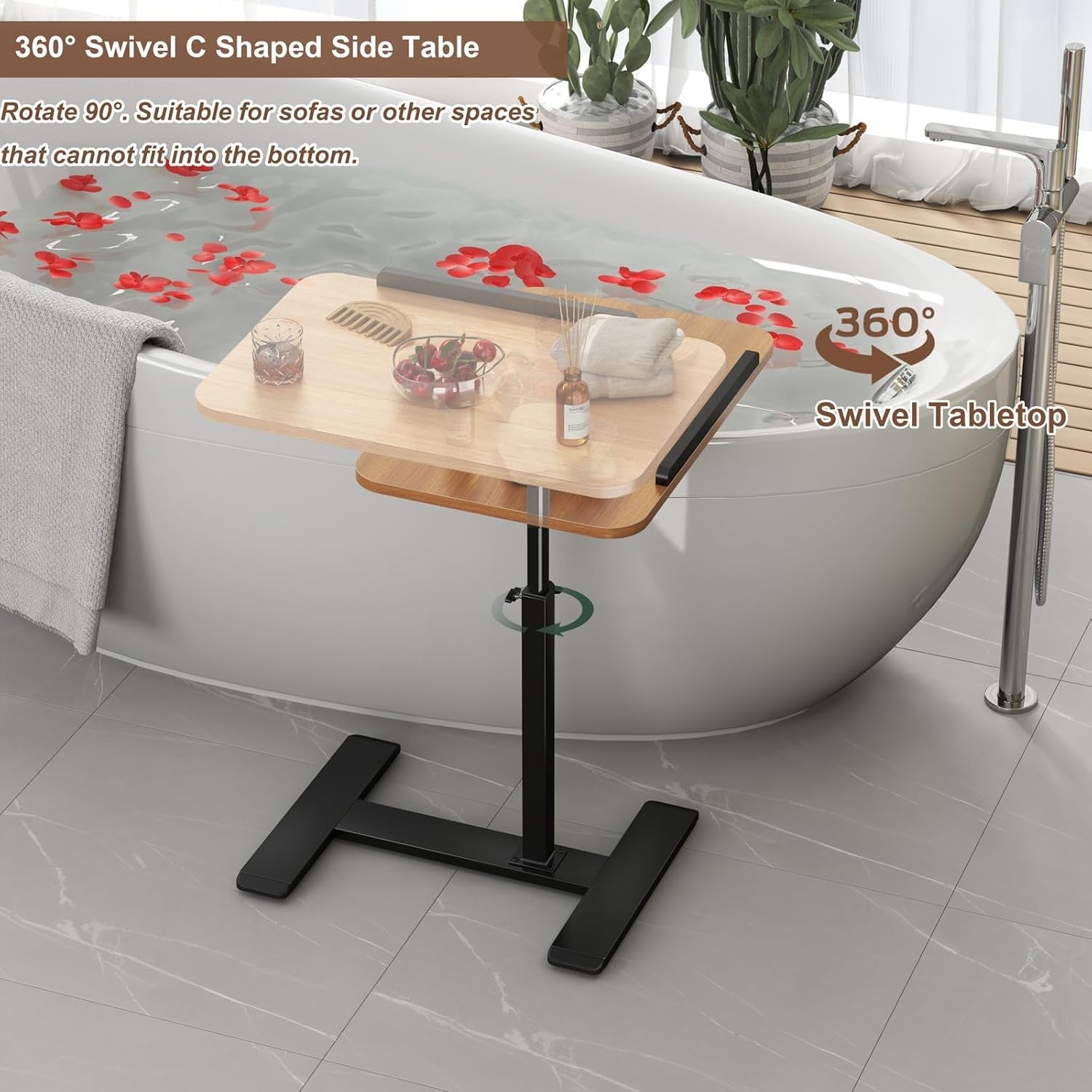 Adjustable C Shaped Side Table Laptop Desk Swivel Overbed Sofa Wheels