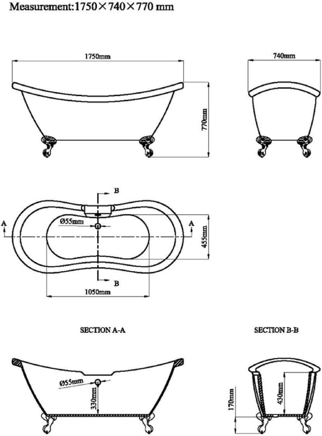 1750x740mm Double Ended Freestanding Roll Top Bath White Acrylic Pink Feet