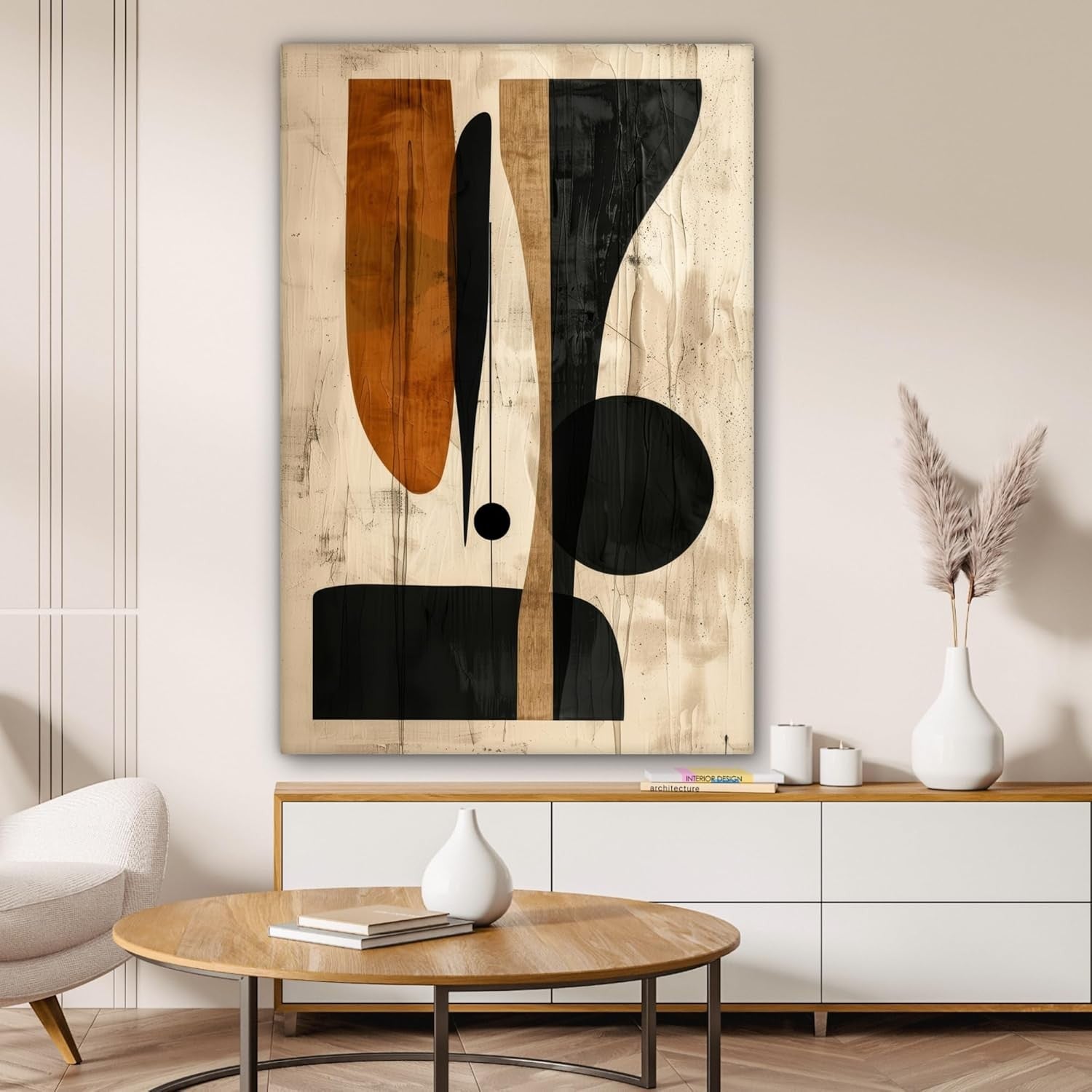 Large Abstract Canvas Wall Art Beige Black Modern Geometric Print 31x47