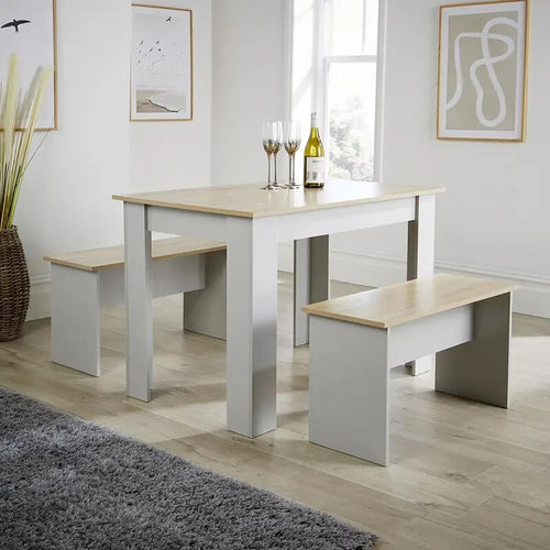2 Bench Dining Set Grey Oak Effect Compact Table Seats 4 Kitchen Room