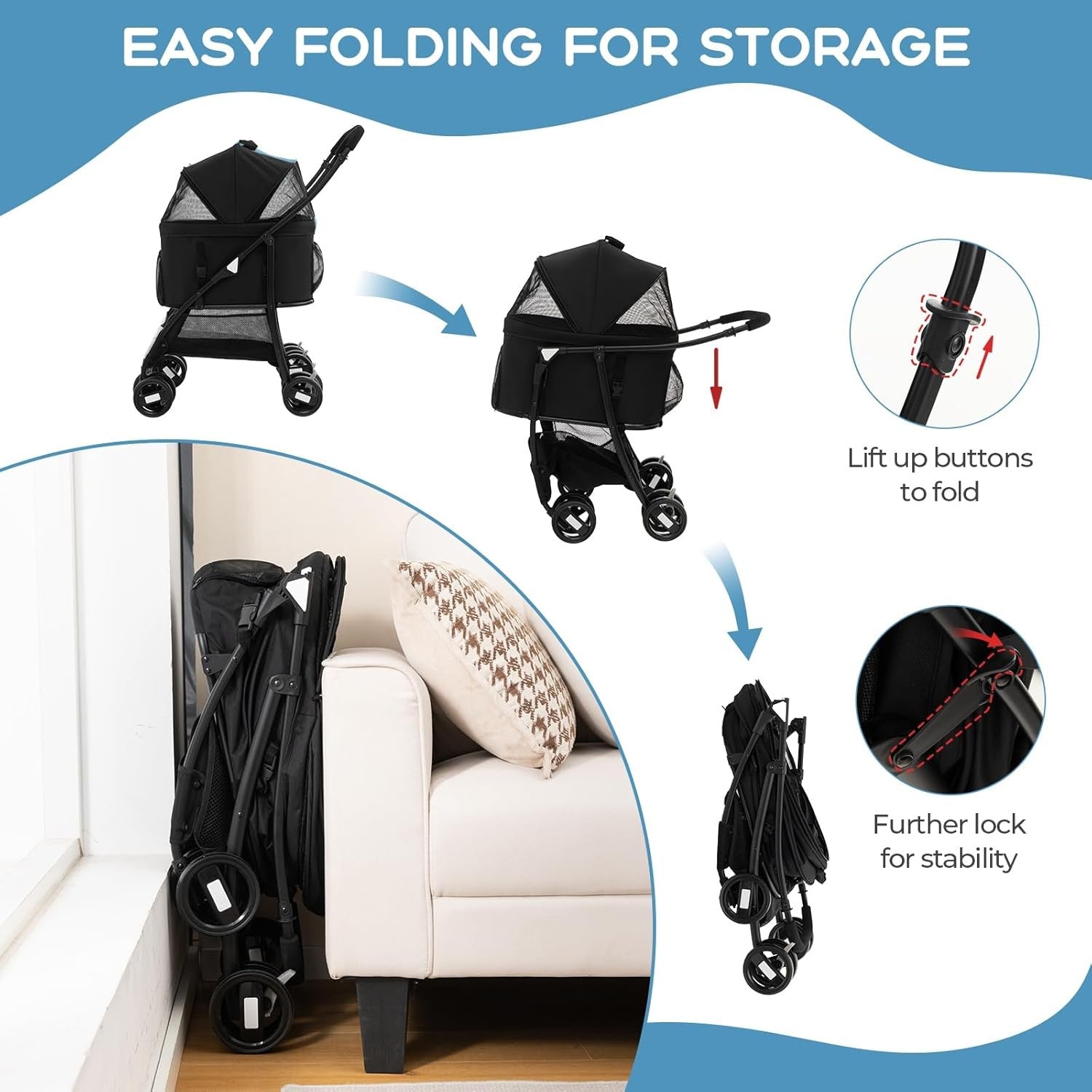 3 in 1 Pet Stroller Folding Cat Pushchair Detachable Carrier 4 Wheel
